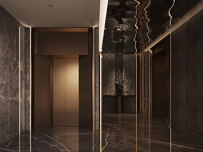 Luxury Clubhouse Interior With Elevators Golden Accents Marble Flooring And Dark Walls 3d model