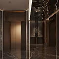 Luxury Clubhouse Interior With Elevators Golden Accents Marble Flooring And Dark Walls