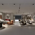 Modern Interior Showroom Featuring Leather Sofa Armchair Bookshelves And Pendant Lights