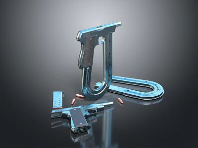 Metallic Weapons Display Featuring Pistol U Shaped Lock And Bullets On Dark Reflective Surface 3d model