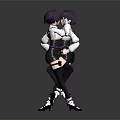 Anime Female Characters With Purple Short Hair White Tops Black Shorts Front Back Poses