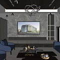 Modern Living Room Interior With Blue Sofas Accent Chairs Coffee Table TV And Chandelier