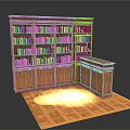 Wooden Bookcase With Multiple Shelves Filled With Books And Side Cabinet On Parquet Floor
