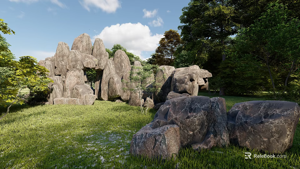 Garden Ornament With Natural Rock Formations Green Grass And Trees Under Blue Sky 3d model 