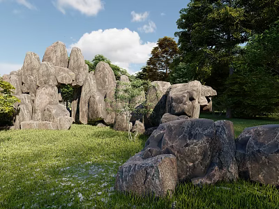 Garden Ornament With Natural Rock Formations Green Grass And Trees Under Blue Sky 3d model