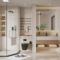 Modern Bathroom Interior With Glass Shower Enclosure White Vanity Mirror Towel Rack And Green Plant