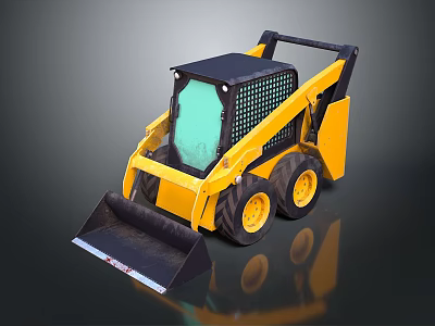 Yellow Skid Steer Loader With Front Bucket Black Top And Green Windshield 3d model