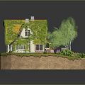 Fairy Tale Cottage Miniature Model With Green Mossy Roof Garden Flowers Trees Pathway And Car