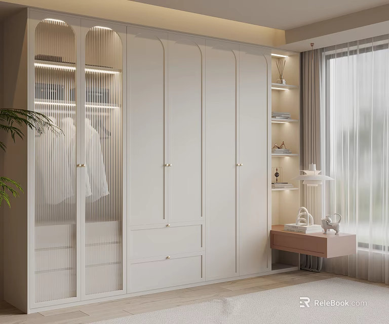 Modern White Wardrobe With Glass Doors Open Shelves And Dressing Table In Bedroom 3d model 