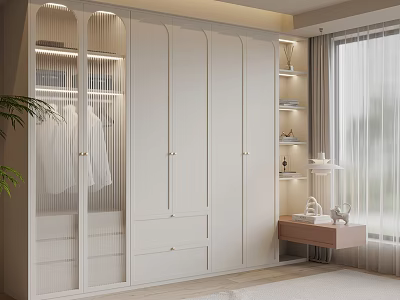 Modern White Wardrobe With Glass Doors Open Shelves And Dressing Table In Bedroom 3d model