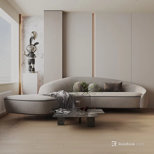 Modern Curved Three Seater Sofa With Throw Pillows Blanket And Coffee Table In Living Room 3d model 