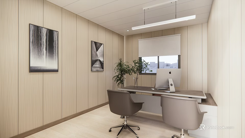 Modern Office Interior With Wooden Wall Hanging Light Paintings Window Blinds Computer Chairs Potted Plant 3d model 