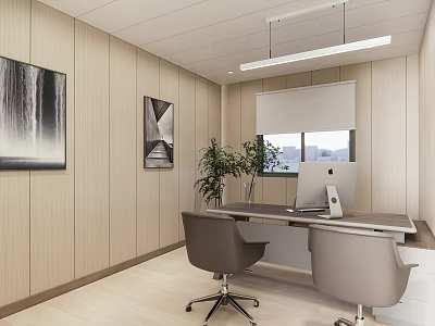 Modern Office Interior With Wooden Wall Hanging Light Paintings Window Blinds Computer Chairs Potted Plant 3d model