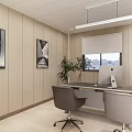 Modern Office Interior With Wooden Wall Hanging Light Paintings Window Blinds Computer Chairs Potted Plant