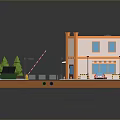 Miniature Urban Landscape Scene Featuring Orange Building Street Trees Traffic Signs And White Car