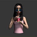 Woman In Pink Sleeveless Top Wearing Blue Sunglasses Holding Red Cup With Chopsticks