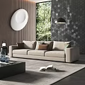Modern Living Room Beige Three Seater Sofa With Brown Green Cushions And Hexagonal Wall Decor