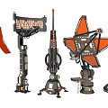 Futuristic Mechanical Weapons With Various 3D Structures And Orange Gray Design 3d model