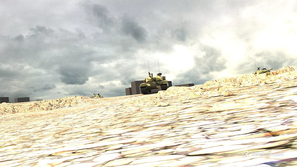 Military Tank On Open Sandy Terrain With Cloudy Sky In Background 3d model 