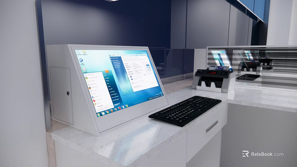 Modern Reception Desk Interior With Computer Monitor Keyboard And Printer On White Countertop 3d model 