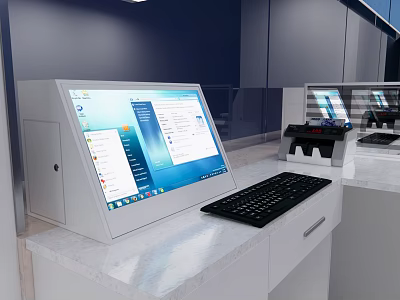 Modern Reception Desk Interior With Computer Monitor Keyboard And Printer On White Countertop 3d model
