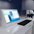 Modern Reception Desk Interior With Computer Monitor Keyboard And Printer On White Countertop