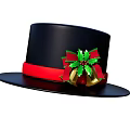 Black Top Hat With Red Ribbon Green Holly Leaves And Gold Bells For Christmas
