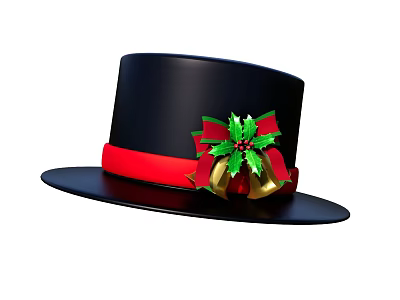 Black Top Hat With Red Ribbon Green Holly Leaves And Gold Bells For Christmas 3d model