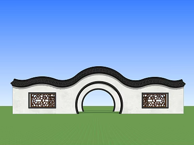 Traditional Chinese Garden Wall Featuring Curved Black Tile Top Circular Archway And Carved Lattice Windows 3d model