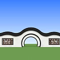 Traditional Chinese Garden Wall Featuring Curved Black Tile Top Circular Archway And Carved Lattice Windows