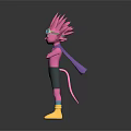 Pink Fantasy Creature Character With Spiked Hair Goggles Cape And Yellow Boots