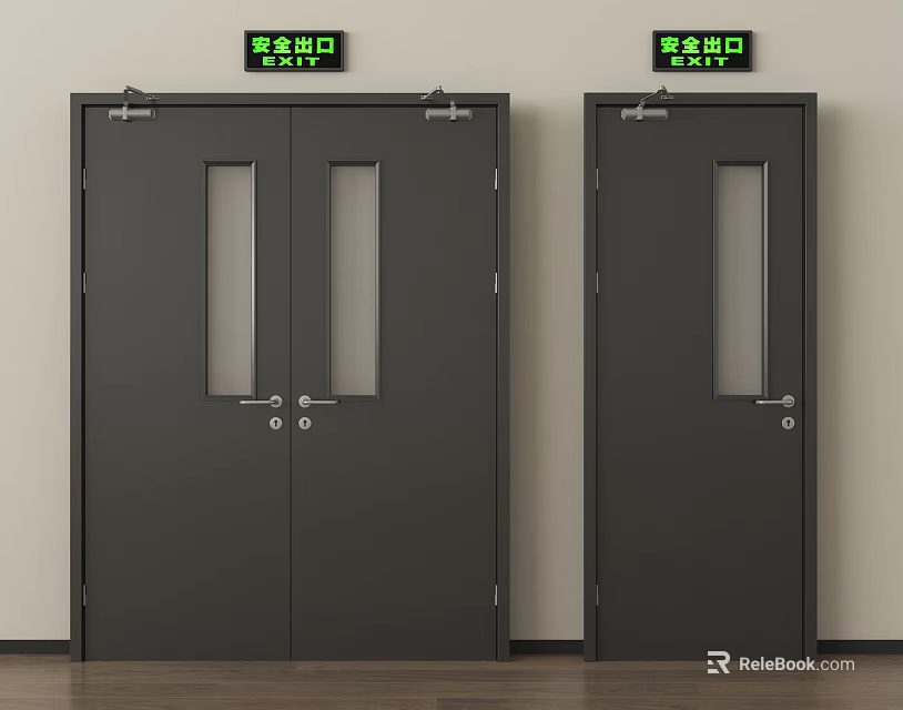 Black Fire Safety Exit Doors With Glass Panels And Green Signs In Building Interior 3d model 