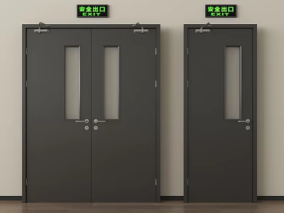 Black Fire Safety Exit Doors With Glass Panels And Green Signs In Building Interior 3d model