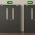 Black Fire Safety Exit Doors With Glass Panels And Green Signs In Building Interior