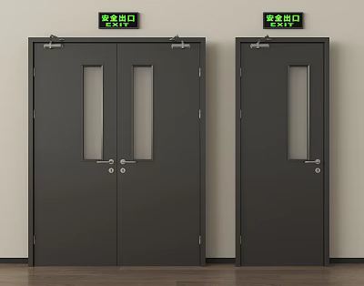 Black Fire Safety Exit Doors With Glass Panels And Green Signs In Building Interior 3d model