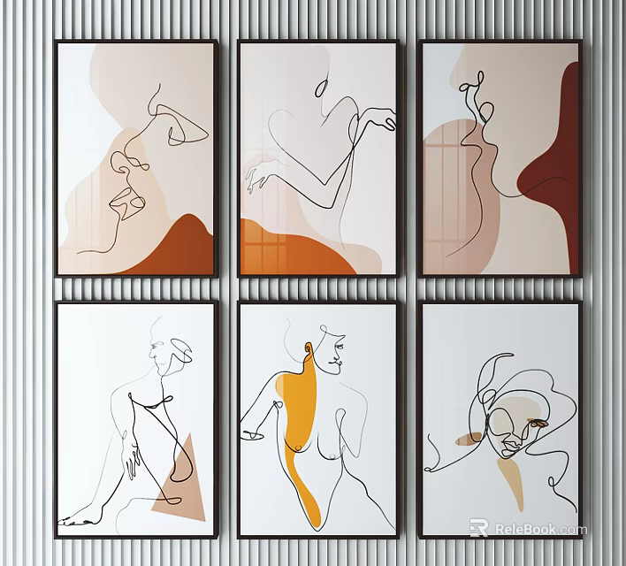 Minimalist Abstract Line Art Paintings Featuring Human Figure Contours in Beige Orange Brown Tones 3d model 