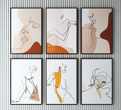 Minimalist Abstract Line Art Paintings Featuring Human Figure Contours in Beige Orange Brown Tones 3d model