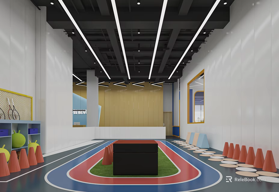 Kindergarten Indoor Activity Space With Blue Track Green Lawn Black Cube And Colorful Cones 3d model 