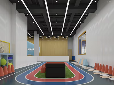 Kindergarten Indoor Activity Space With Blue Track Green Lawn Black Cube And Colorful Cones 3d model