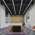 Kindergarten Indoor Activity Space With Blue Track Green Lawn Black Cube And Colorful Cones