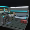 Cartoon Futuristic Space Capsule Room With Kitchen Bed Blue Lighting And Red Storage Box