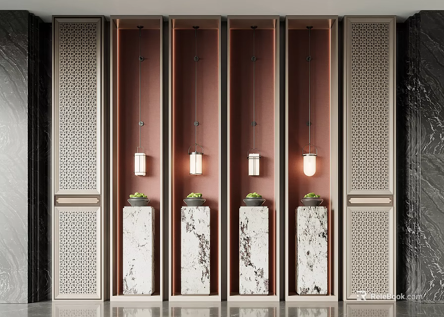 Elegant Wall Lamps With Carved Partition Walls And Marble Pedestals With Small Green Plants 3d model 