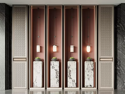 Elegant Wall Lamps With Carved Partition Walls And Marble Pedestals With Small Green Plants 3d model