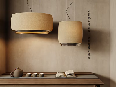 Two Beige Linen Lanterns Hanging Above Wooden Table With Teacups Open Book And Beige Wall 3d model