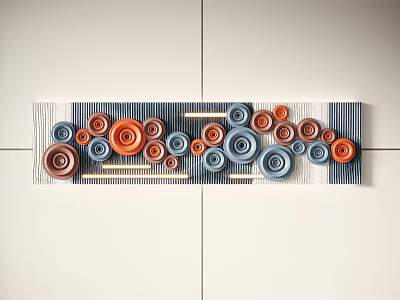 Modern Wall Decor With Circular Shapes Red Blue Colors Striped Background And Wooden Sticks 3d model