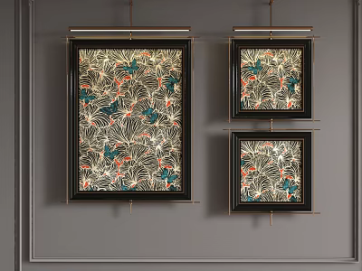 Three Colorful Abstract Paintings With Floral Leaf Patterns Black Frames Hanging On Gray Wall 3d model