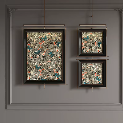 Three Colorful Abstract Paintings With Floral Leaf Patterns Black Frames Hanging On Gray Wall 3d model