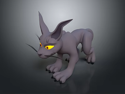 Fierce Gray Game Movie Character With Long Ears Yellow Eyes Sharp Fangs Claws Crawling Pose 3d model
