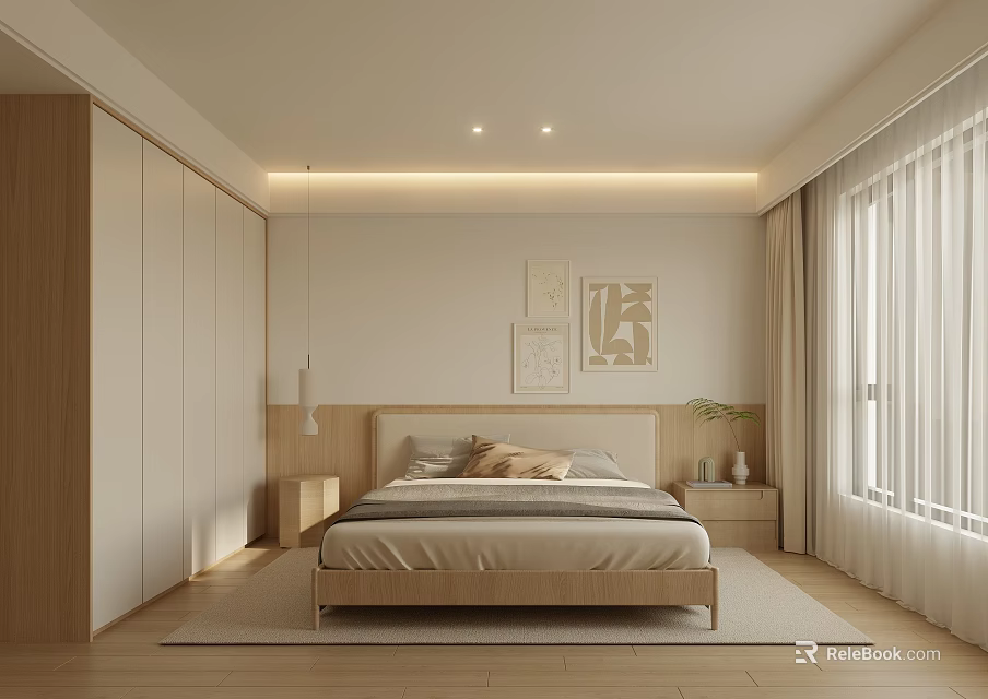 Modern Minimalist Bedroom Interior With Wooden Bed Decorative Paintings Built in Wardrobes And Ceiling Lighting 3d model 