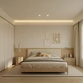 Modern Minimalist Bedroom Interior With Wooden Bed Decorative Paintings Built in Wardrobes And Ceiling Lighting